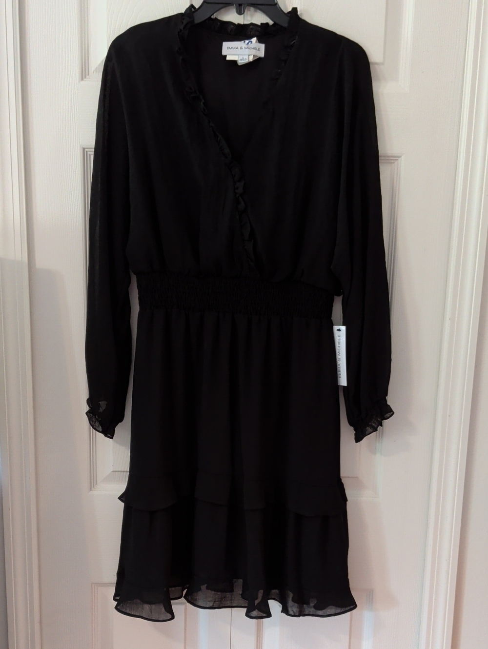 Emma & Michele Black Long Sleeve Ruffle Waist Dress